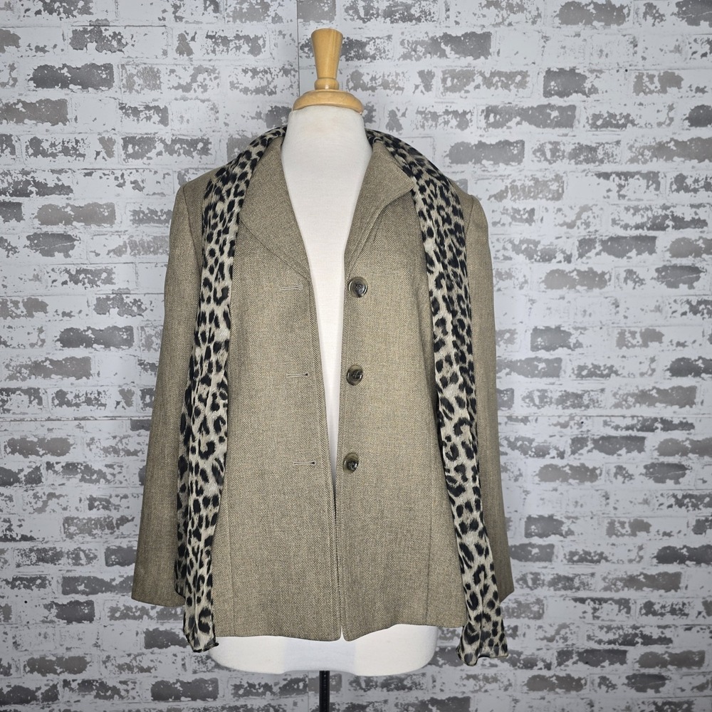 Le Suit Blazer Womens 16 Plus Size Camel Herringbone Leopard Scarf Safari NWOT